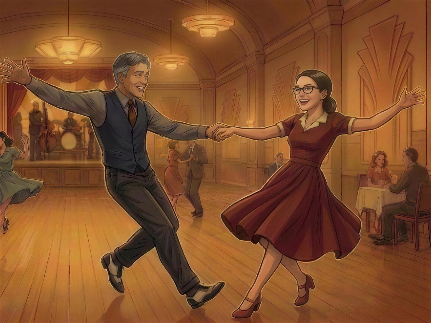 Illustration of Tan and Adri demonstrating a basic Lindy Hop step in a warm dance hall