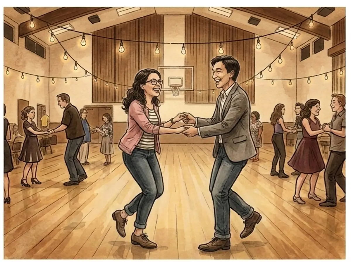 Illustration of Tan and Adri demonstrating a basic Lindy Hop step in a warm dance hall
