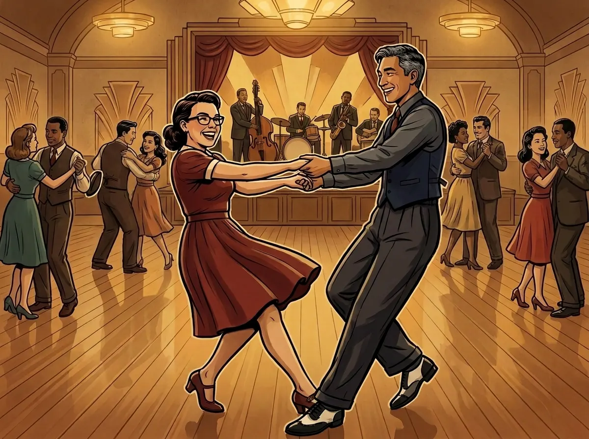 Illustration of a couple in an open two-hand Lindy Hop connection, swinging out on an art-deco ballroom floor with a jazz band behind them